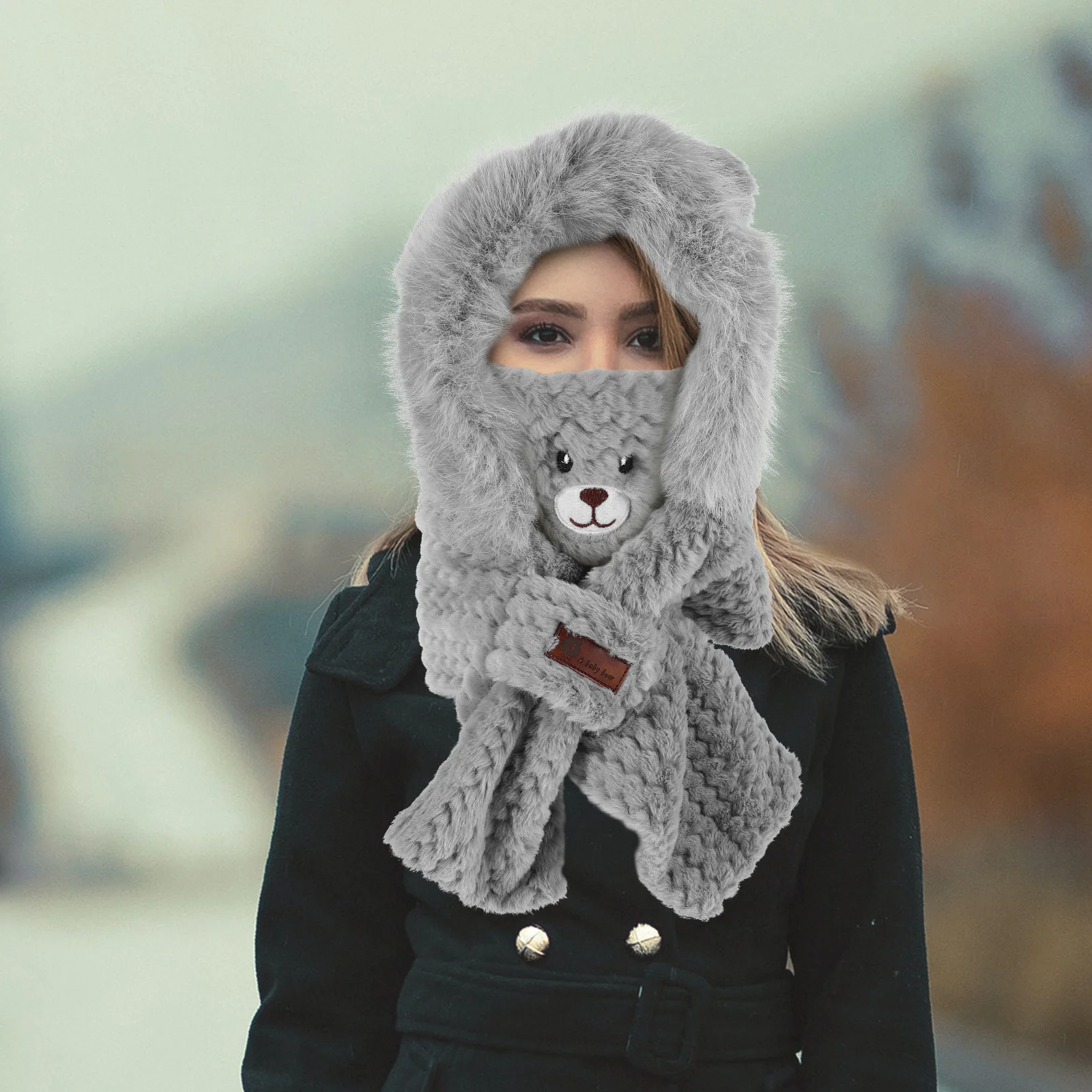 1 مجموعة الشتاء الدب الأذن وشاح قبعة قناع قفازات مجموعة للنساء الدافئة يندبروف في الهواء الطلق الدراجات الحرارية قبعة وشاح مزيج دافئ