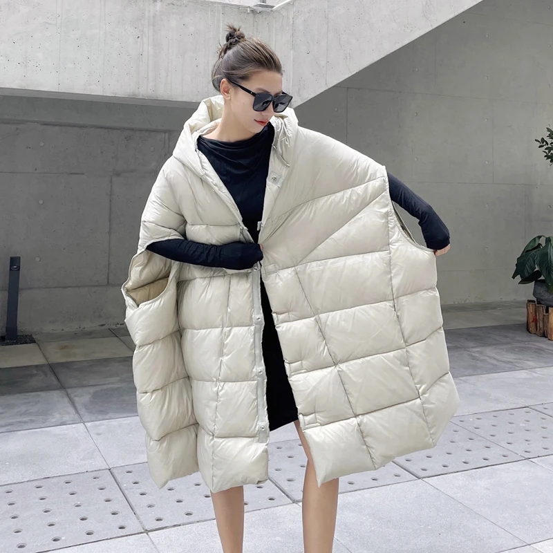 Luxury 90% white duck down jacket waistcoat for women Oversized Winter Thickened fluffy Hooded vest Overcoat INKEO 2O136