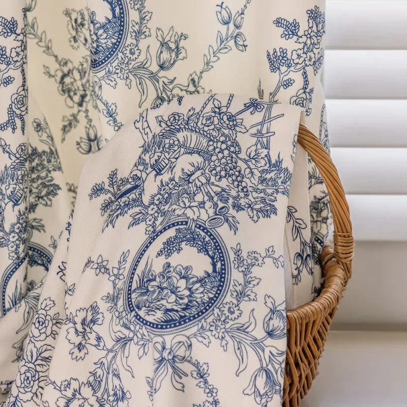 

European Vintage Print Semi-Blackout Curtains For Living Room Bedroom Light luxury Grommet Ring Curtian