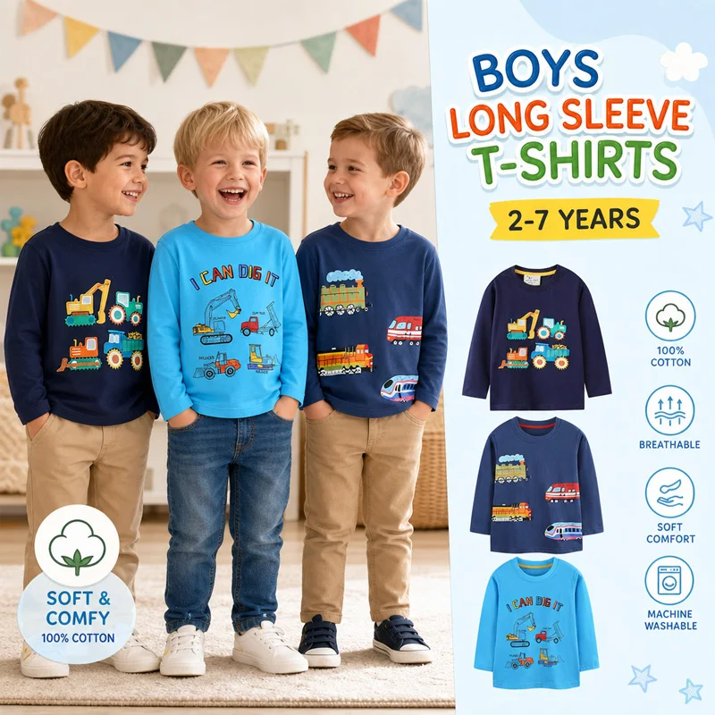 Little Hand Toddler Long Sleeve T-Shirt  Embroidered Graphic Baby Boy Excavator Tops Kids Cotton Striped Tees for 2-7T