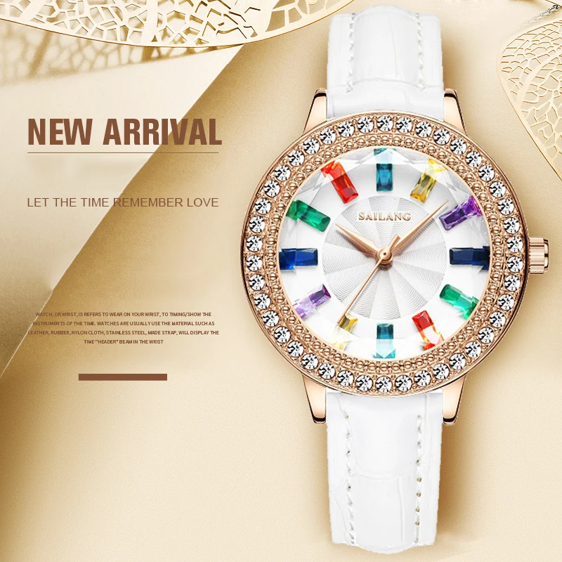 Women Quartz Watch Colorful Diamond Dial Genuine Leather Casual Female Waterproof Wristwatch Support for Dropshipping Wholesale