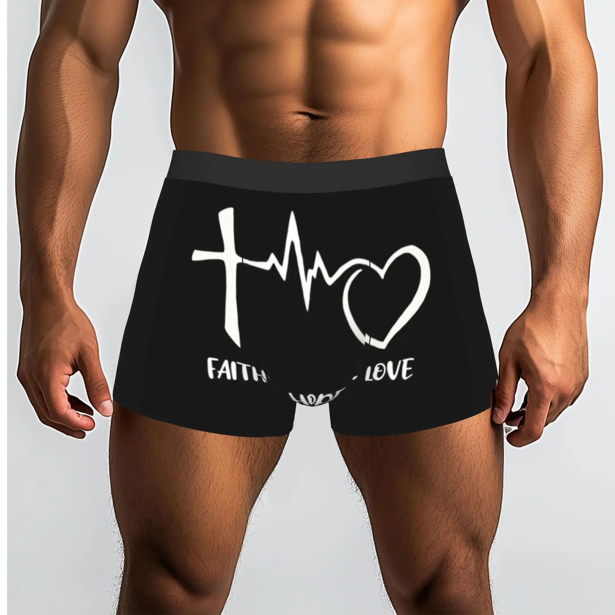 Custom Male Funny Faith Hope Love Heartbeat Underwear Cross Crucifix Jesus Christ Church God Lord  Breathable Shorts Panties
