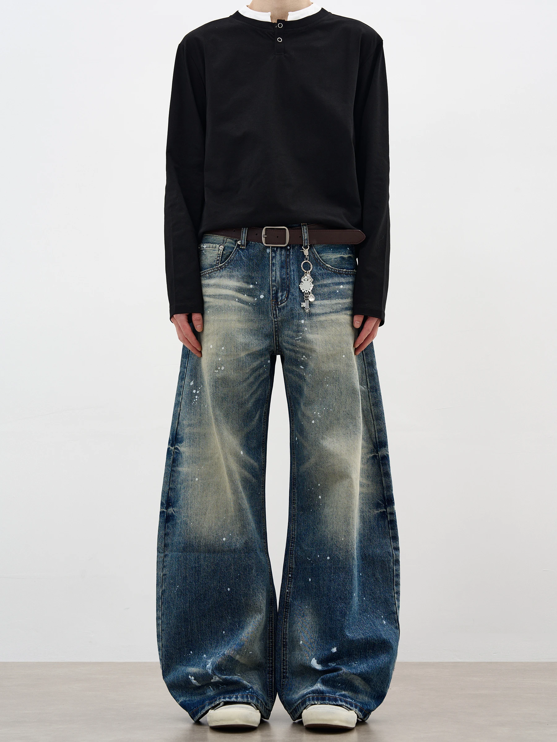 

American High Street Vintage Mustache Splaed Ink Curved Knife Jeans Wide Leg Pants Casual Cotton Polyester Blend