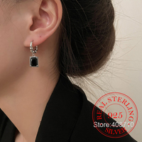 Real Money 925 Sterling Silver Vintage Black Zircon Hoop Earrings for Women S925 Wedding Party Jewelry Gift Aretes De Mujer