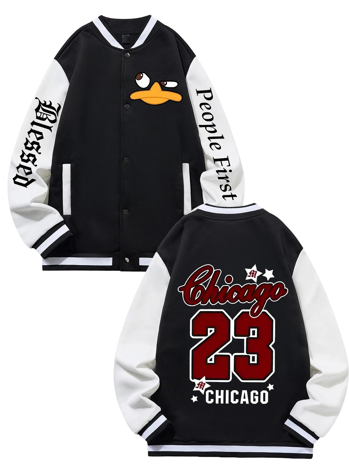 

Black Blue Green Double-Sided Print Jacket Loose Oversized XS-XXL Unisex Baseball Jacket Streetwear Coat Warm Fleece Soft Jacket