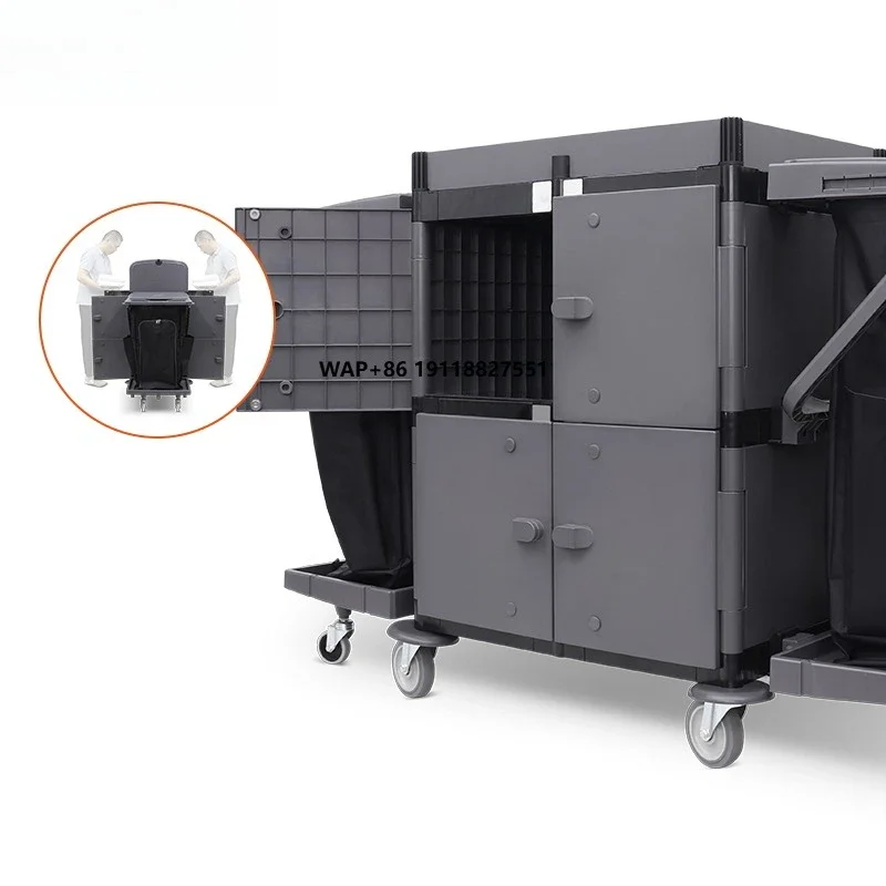 

Hotel Room Attendant Housekeeping Cart Trolley Creative Design Open Front Plastic with Cleaning Bag for Hotel Cleaning Carts