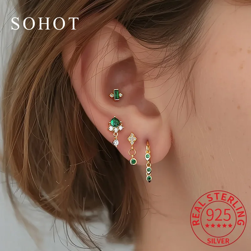 

1 Pcs Real 925 Sterling Silver Green Zircon Mini Stud Earrings for Elegant Women Irregular Fine Jewelry Light Luxury Accessories