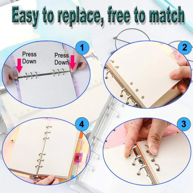 A5 Binder Notebook Cover 6in1 with Transparent PVC Zipper Loose-leaf Bags Cards Photos Documents Storage School Office Supplies