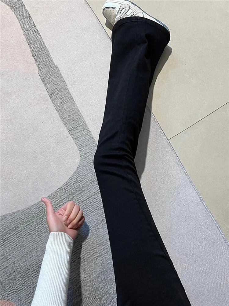 

Американские ретро-джинсы с высокой талией и расклешенными штанинами для женщин, удлиненные, больших размеров, облегающие, весенне-осенние, черные джинсовые брюки