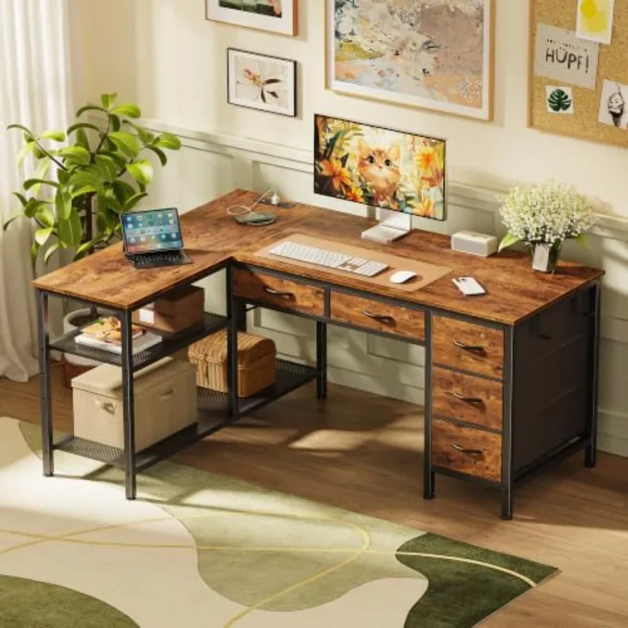 47 Inch L Shaped Desk with Power Outlets, 5 Fabric Drawers for Home Office, Engineered Wood in White, Cable Management Spacious