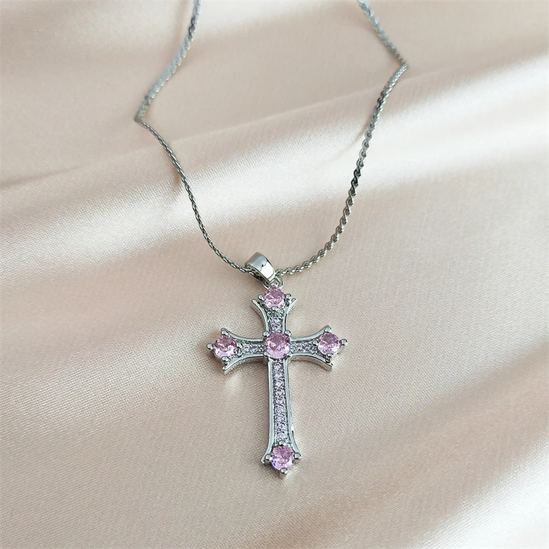 Y2k Cross Copper Pink Zircon Pendant Necklace for Girl Stainless Steel Chain Coquette Aesthetic Collier Party Gift Jewelry