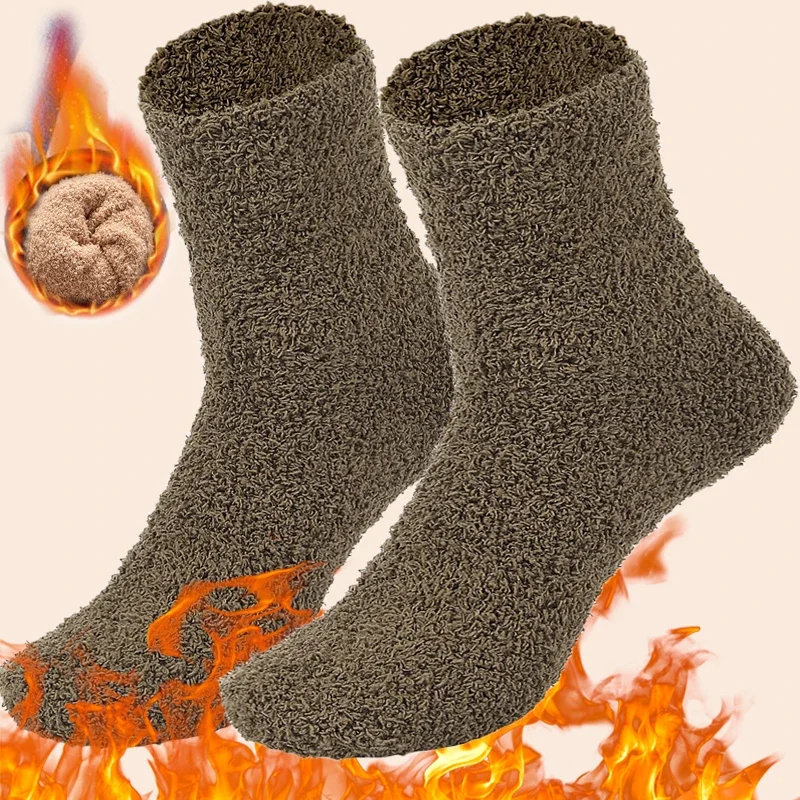 Calcetines térmicos gruesos a rayas para hombre, calcetín peludo de felpa con forro polar de terciopelo Coral cálido para invierno, Color sólido esponjoso