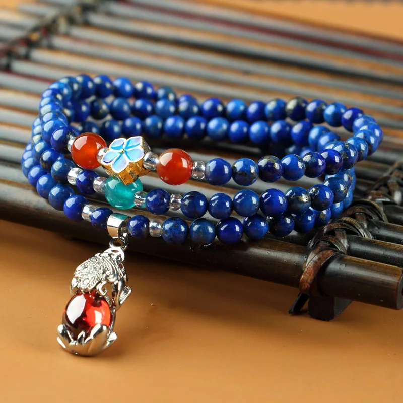 Lapis Lazuli Women's Bracelet with Red Agate Beads and Gold Pixiu, Unique Design DIY Jade Bead String