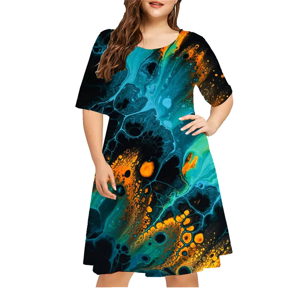 Tie Dye Splash-Ink Print Jurken Vrouwen Abstract Nieuw Patroon Losse Plus Size Jurk Casual Korte Mouw Oversized Kleding 8xl 9xl