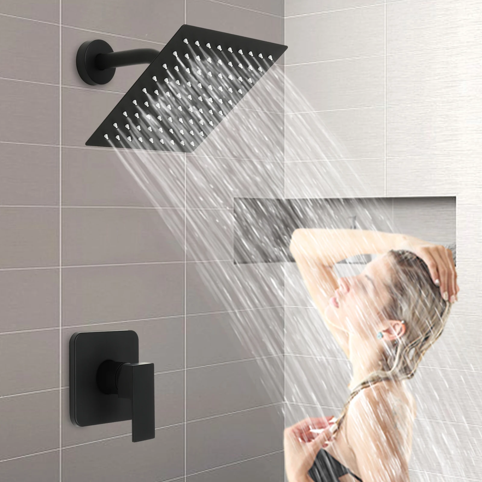 Durable Black Shower Head, 8x8-Inch Rotatable Head, Adjustable Height, Stainless Steel, Fashionable Design for Any Bathroom