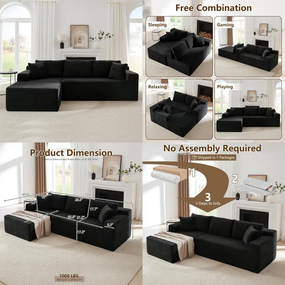 Black Corduroy Boneless Sectional Couch for Living Room, Fluffy Cloud Modular Sofa with L-Shape Chaise, Modern Comfortable Desig