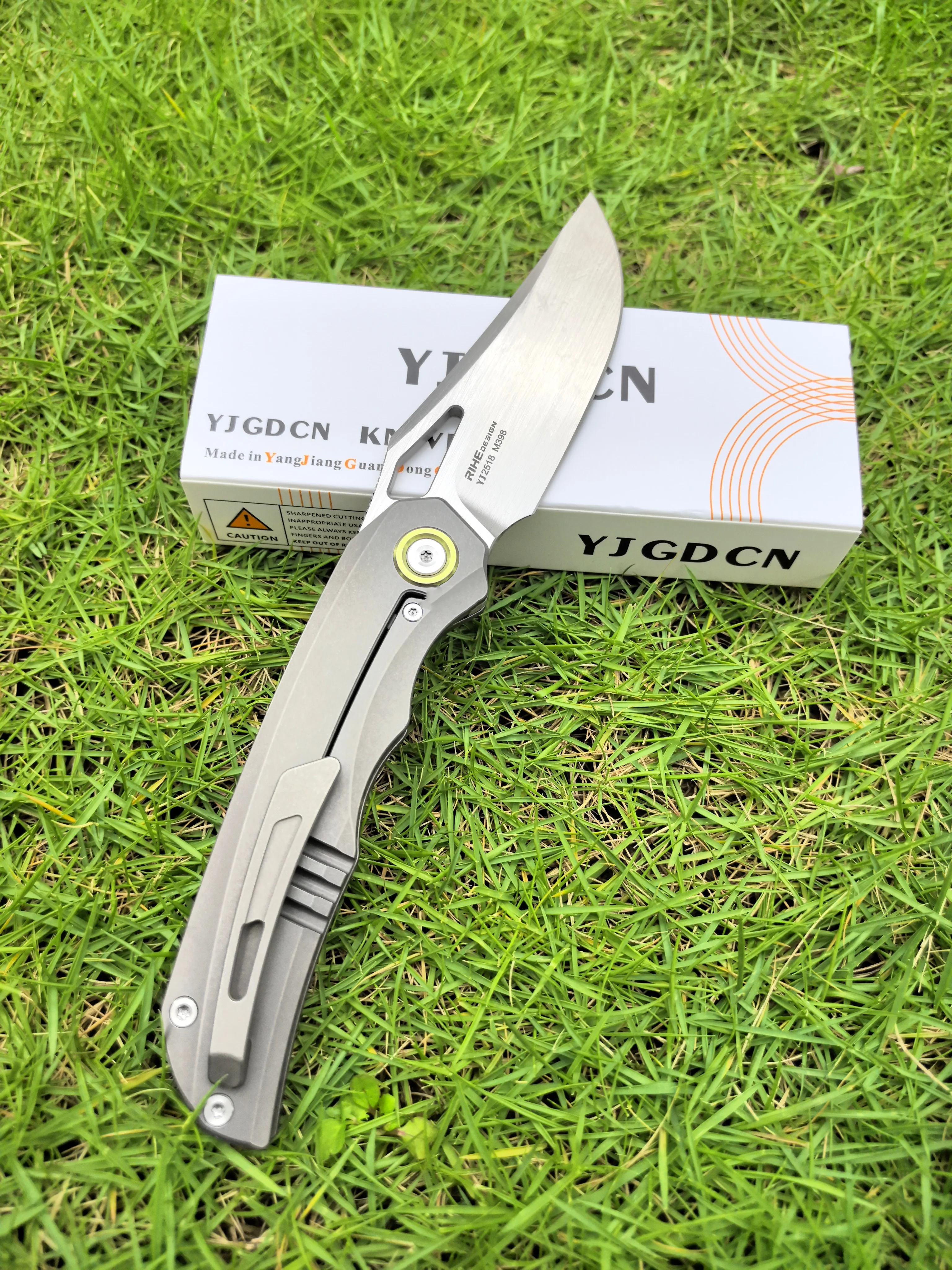 YJGDCN RIHE Design Folding Pocket Knife M398 powder steel Blade Titanium Handle Outdoor Camping Fishing EDC Tool