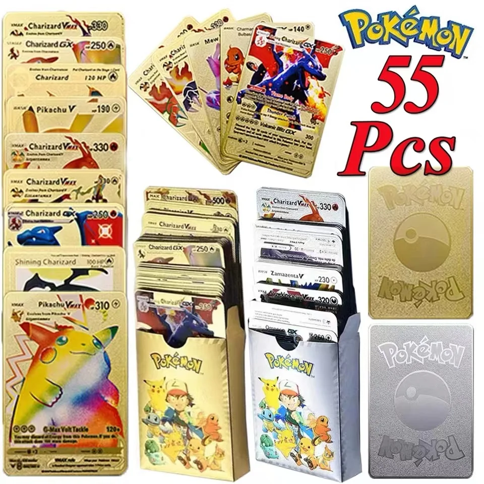 110-27Pcs Pokemon Gold Foil Card VMAX GX VSTAR Cards English French German Spanish Charizard Pikachu Arceus Silver Pokemon Cards