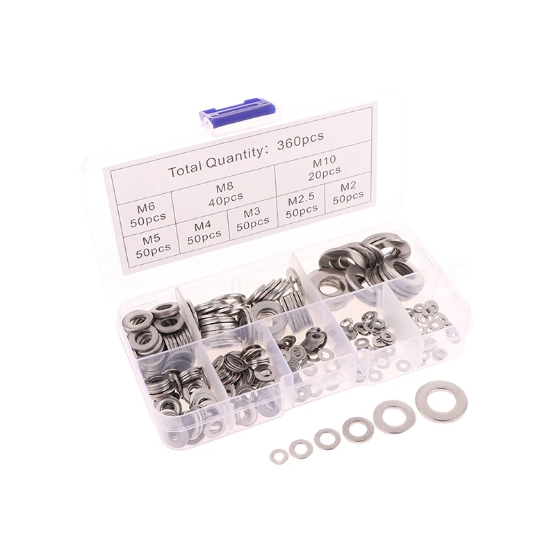 360Pcs Stainless Steel Washers Metal O Ring Fasteners Assortment Kit M2 M2.5 M3 M4 M5 M6 M8 M10 Hardware Metal Washers