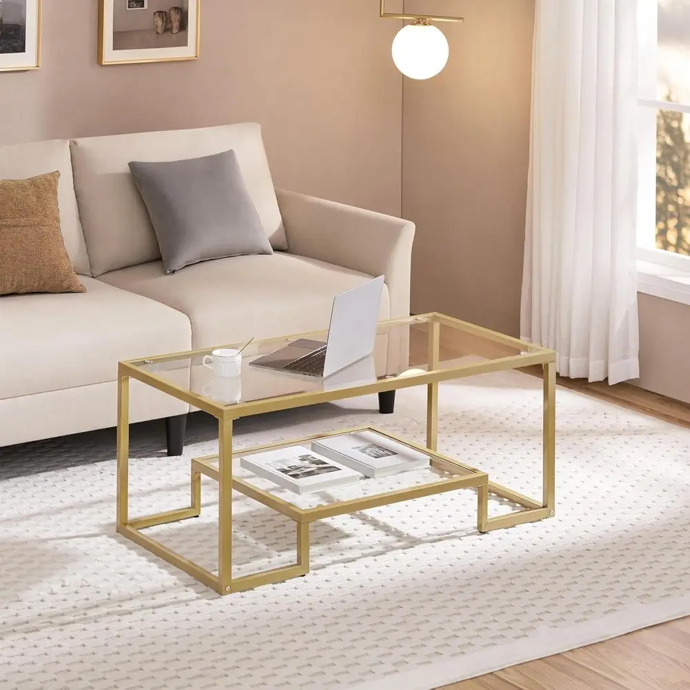 42 Modern 2-Tier Glass Coffee Table with Clear Tempered Glass, Sleek Design, Sturdy Iron Frame, Spacious Lower Shelf for Living
