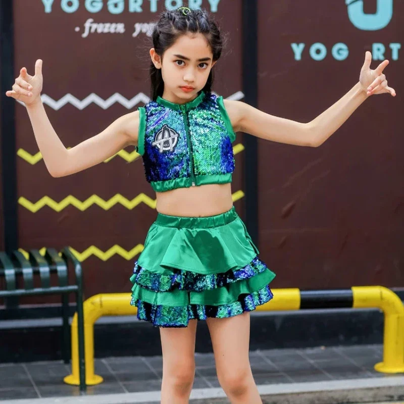 Mädchen Kinder Pailletten Jazz-Tanzkostüm Modern Dance Cheerleading-Outfit Kindergarten Bühnenkostüm Tanzrock-Set – Detail 7