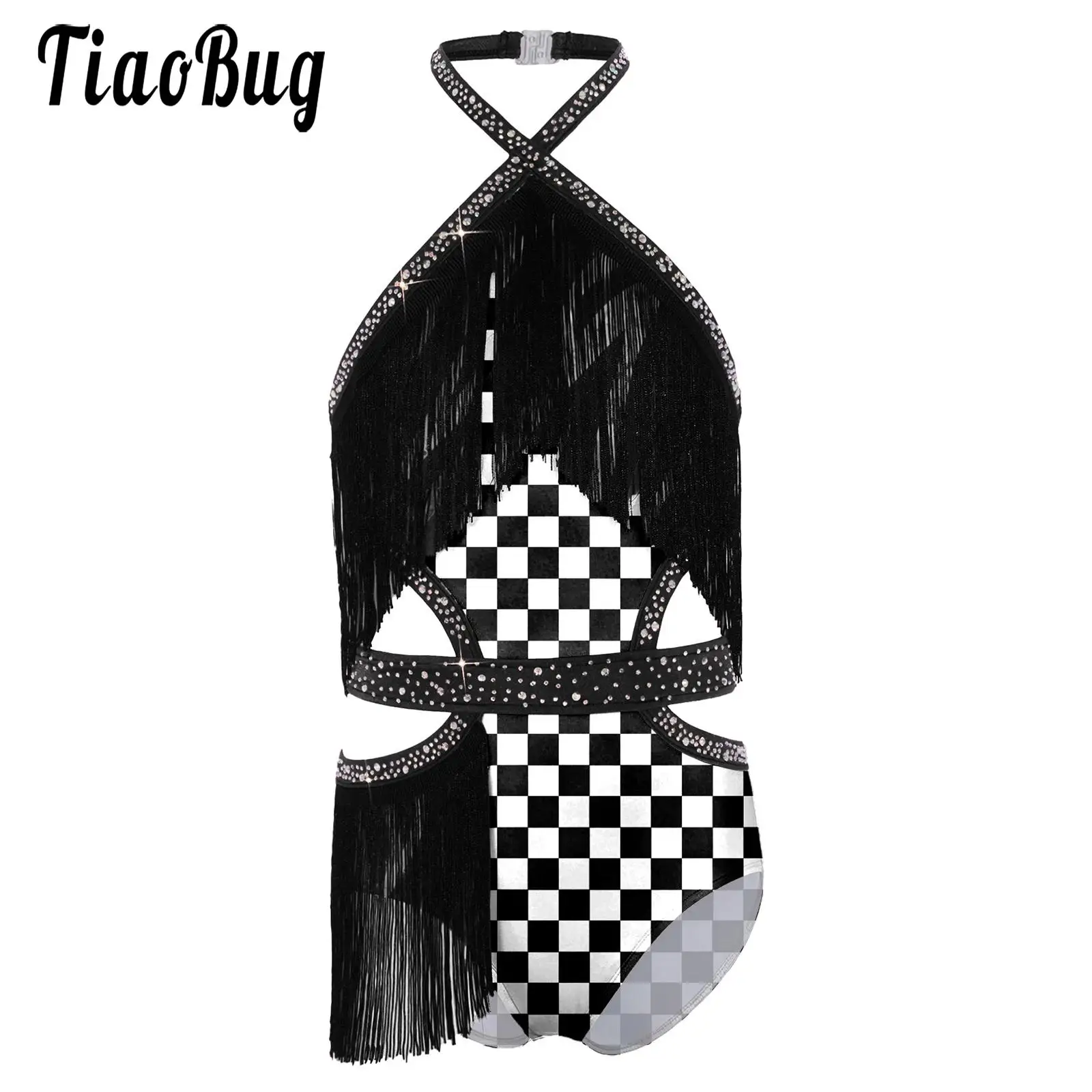 Maillots de gimnasia rítmica y danza jazz para niñas, con cuello halter, pedrería y borlas, diseño hueco, para actuaciones.