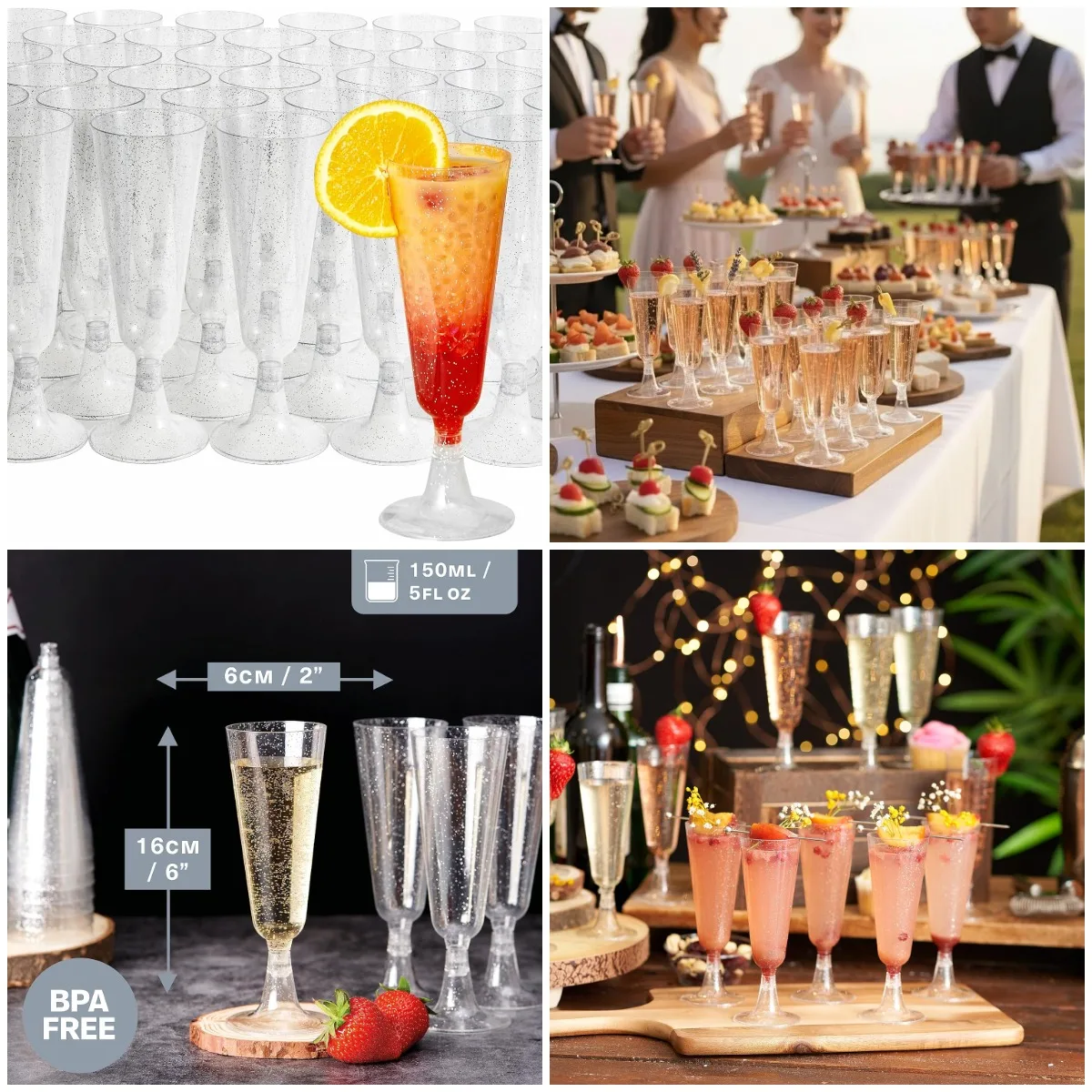 

50 Plastic Champagne Flutes 5oz Silver Glitter - Reusable Toasting Glasses for Parties, Weddings, Birthdays