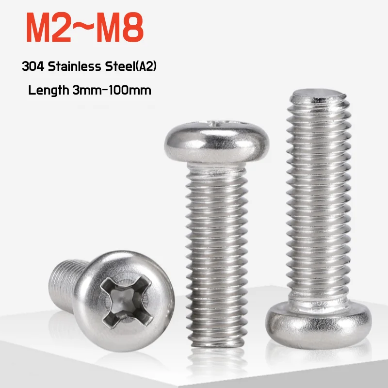 5~50pcs 304 Stainless Steel M2 M2.5 M3 M3.5 M4 M5 M6 M8 Round Pan Head Phillips Screw DIN7985 Cross Recessed Bolt Length 3-100mm