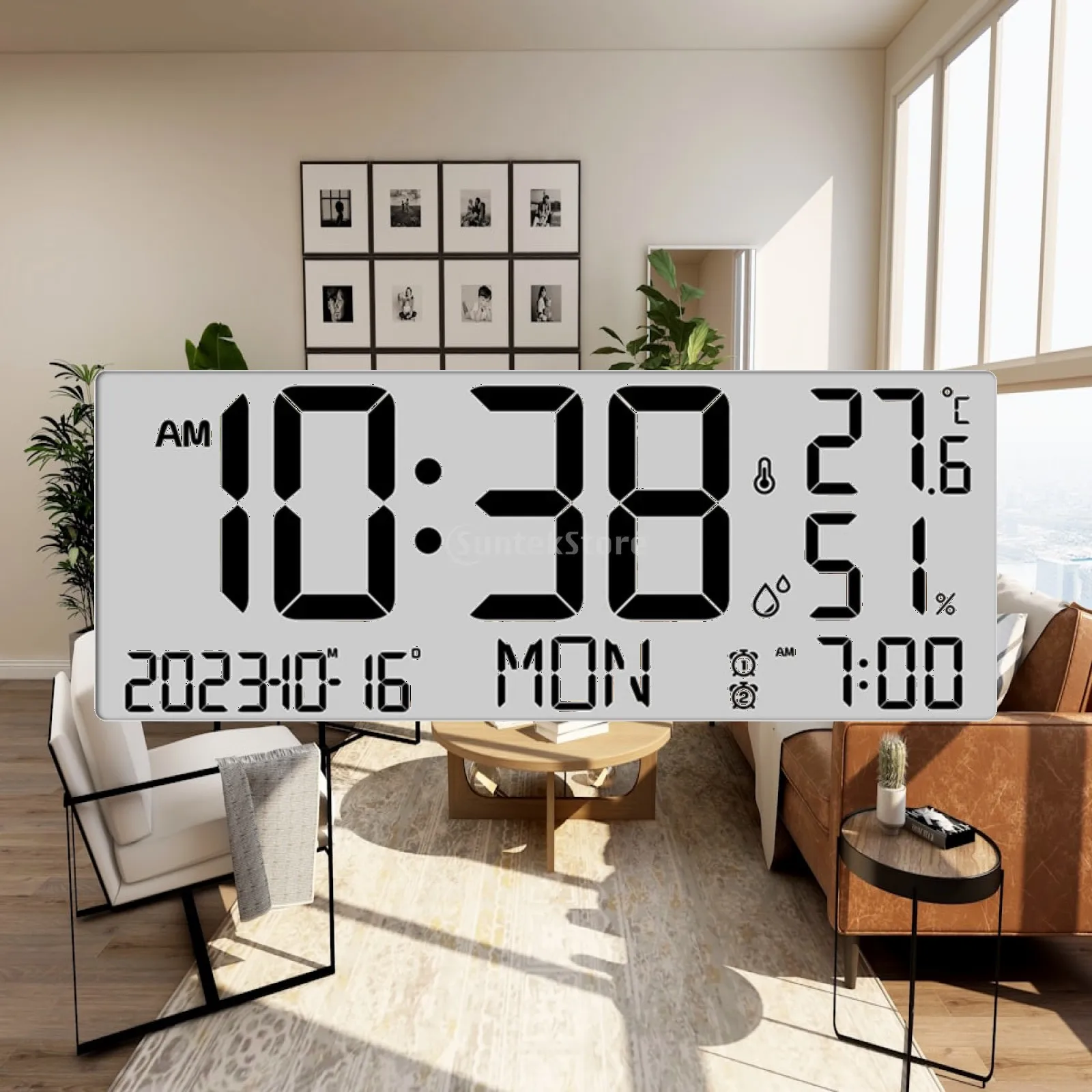 Wall Clock with Temperature and Humidity Modern Digital Wall Clock Slim Alarm for Seniors, Living Room, Office
