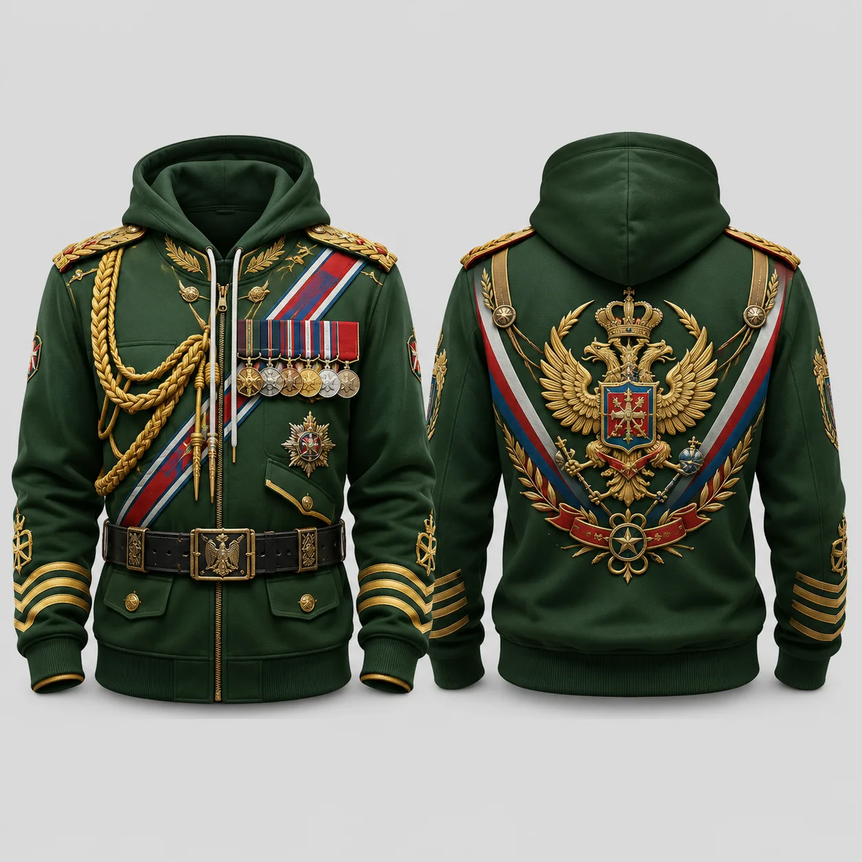 Mens Green Ceremonial Military Uniform 3D Print Zip Hoodie Polyester Long Sleeve Cosplay Streetwear Jacket