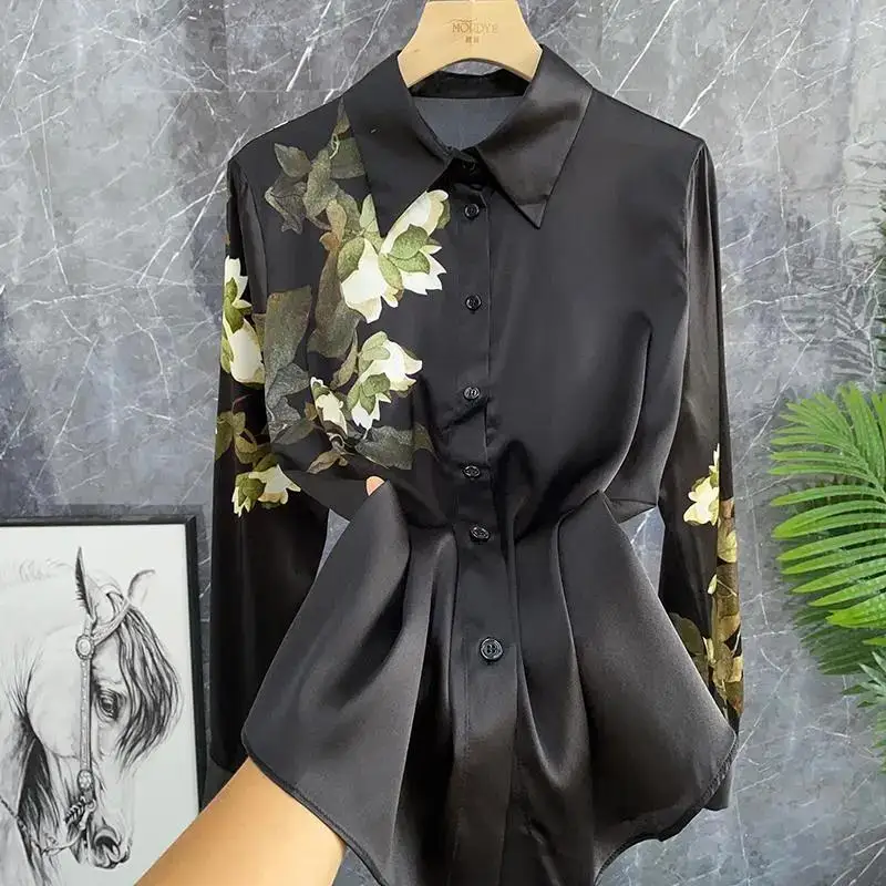 Spring Autumn Vintage Floral Printed Blouse Women\'s Clothing Commute Single-breasted Chinese Style Fashion Asymmetrical Shirt