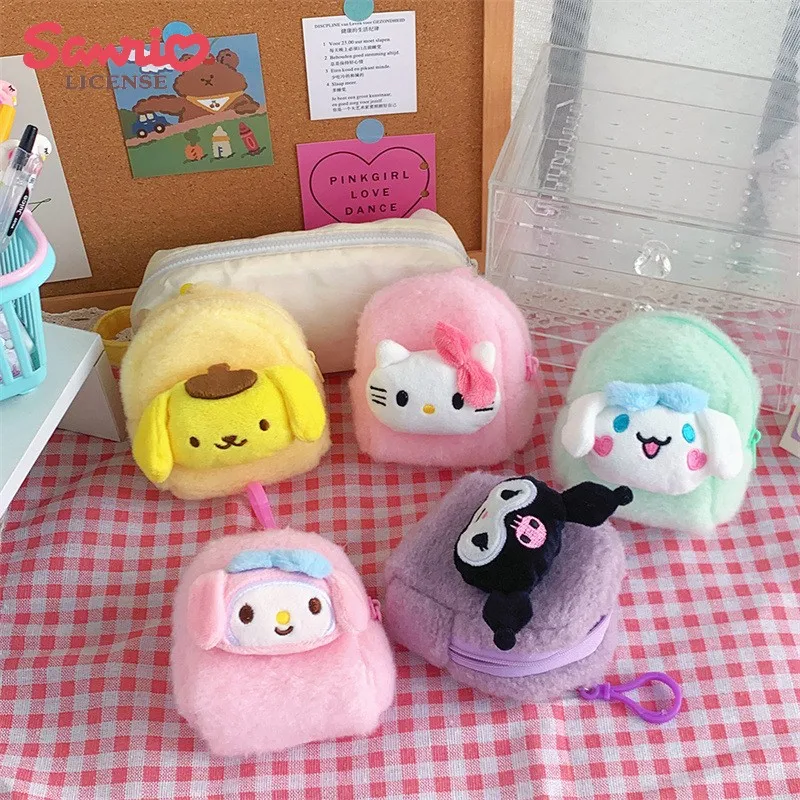 Kawaii Hello Kitty Coin Purse Cute Kuromi Mymelody Cinnamoroll Plush Wallet Earphone Bag Zipper Storage Bag Sanrio Plush Toys