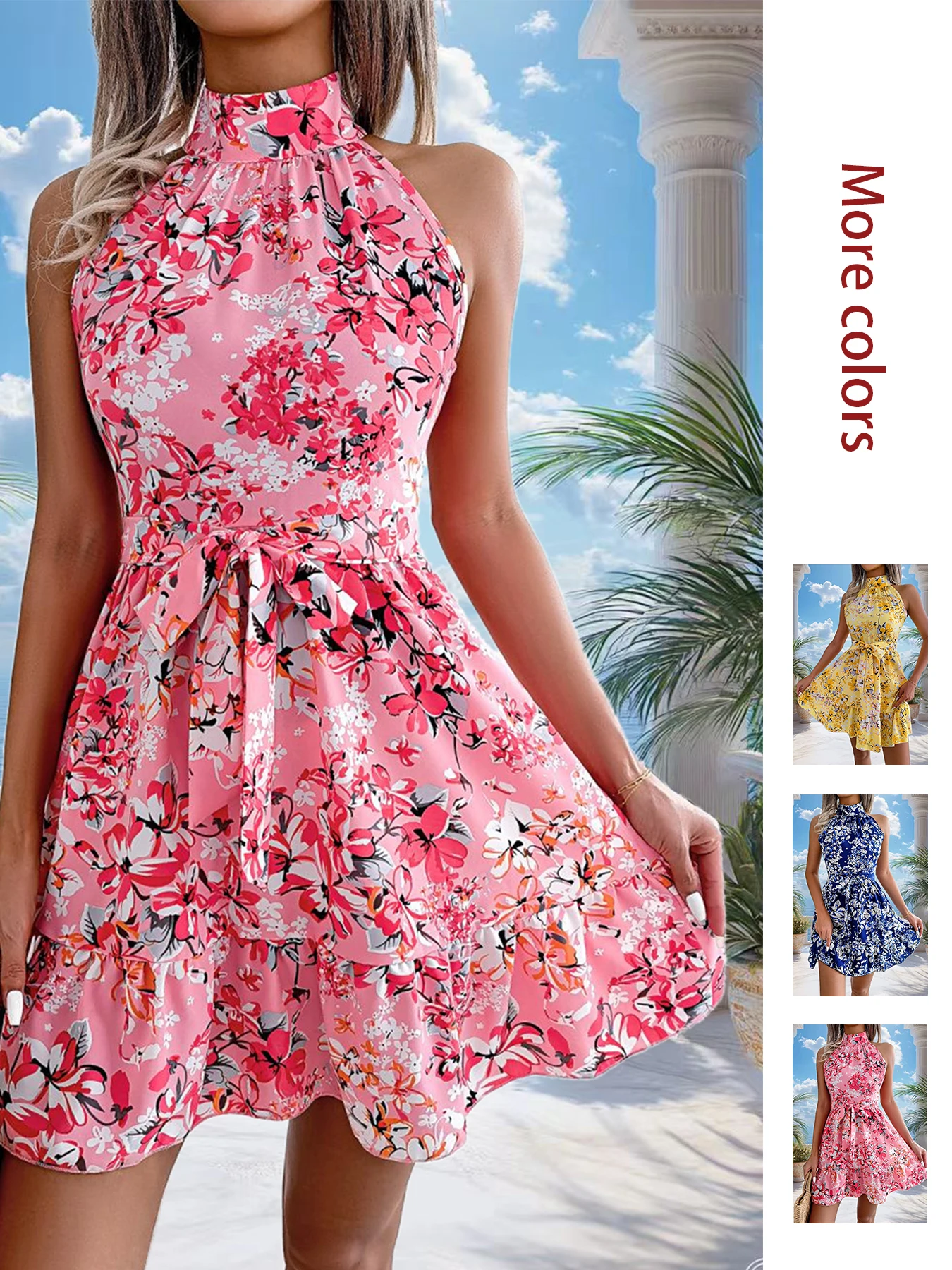 Image of Neues Sommerkleid für Damen, ärmellos, mit Neckholder und Blumenmuster, im Cross-Border-Stil