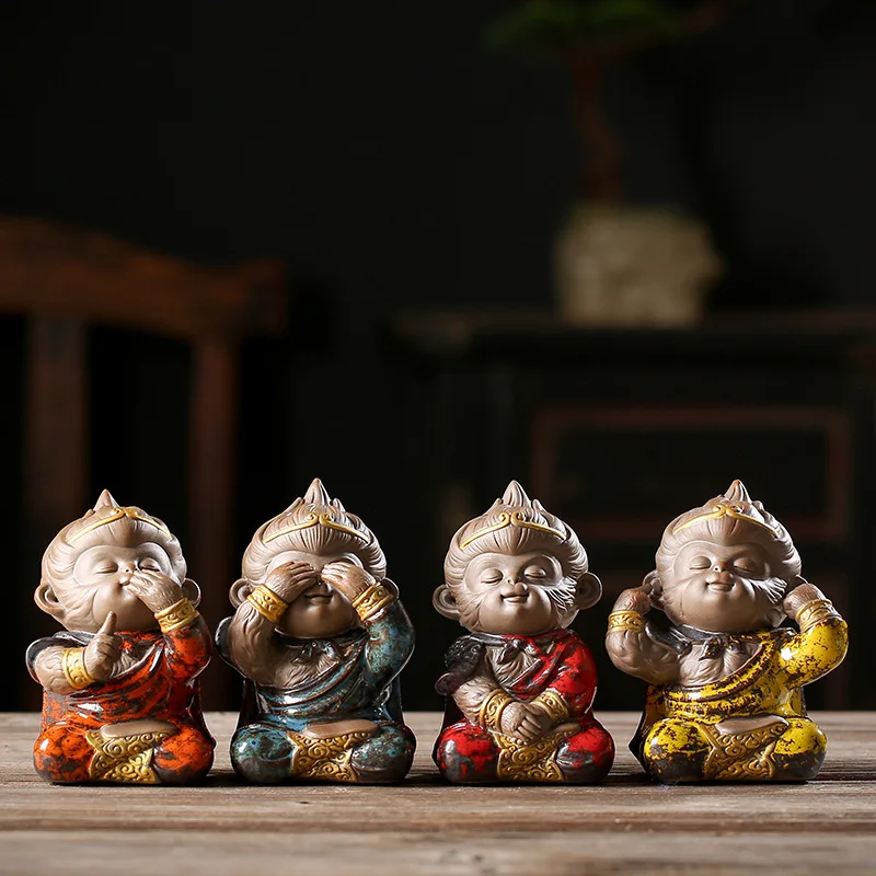 

Chinese Ceramic Crafts Creative Ornaments Cute Four "Don't" Monkey Home Zen Tea Space Decorations Zodiac Monkey