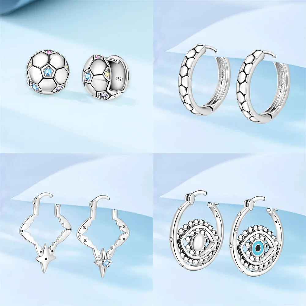 Butterfly Paw Soccer Evil Eye Rose CZ Hoop Original Silver Plated White Women's Earrings Anniversary Delicate Fine Jewelry Gift