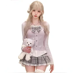 2024 Japan Kawaii Lolita 2 Piece Set Women Bow Slim Cardigan Gothic Cute A-line Plaid Mini Skirt Suit Preppy Style Sweet Uniform