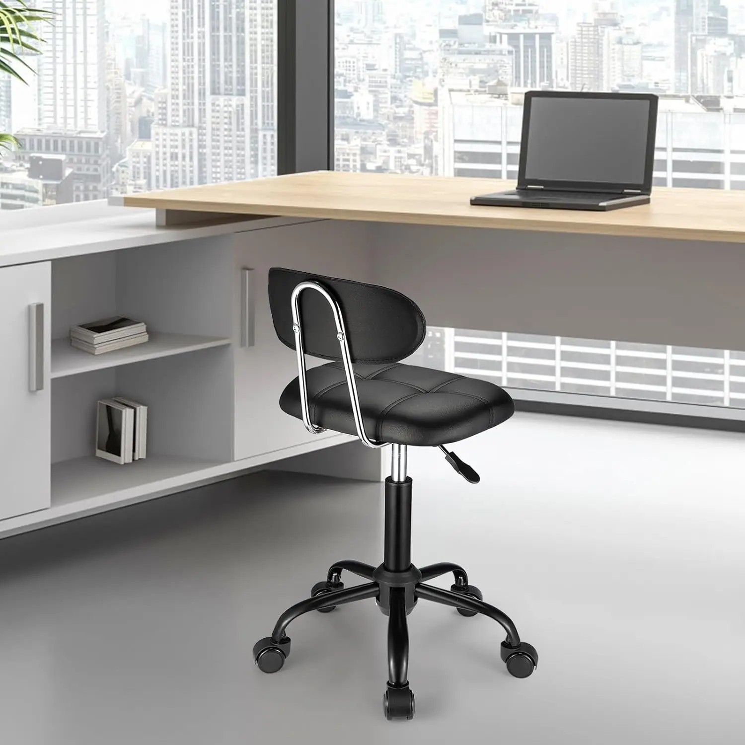 Adjustable Height Swivel Rolling Stool with Backrest and Wheels, Black