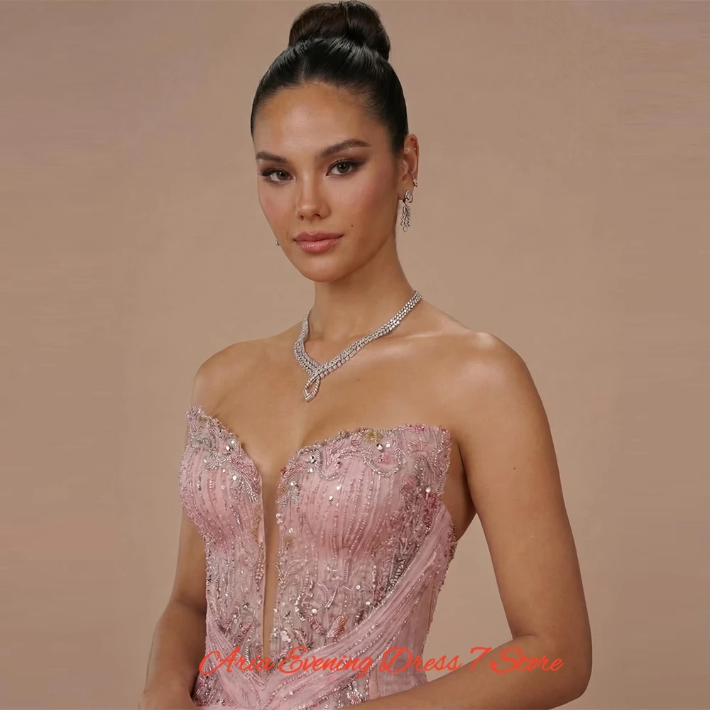 Fashion Tulle Strapless Evening Dress Graceful Mermaid Prom Dresses Luxury Appliques Tassel Customized Special Occasion Gowns view 2