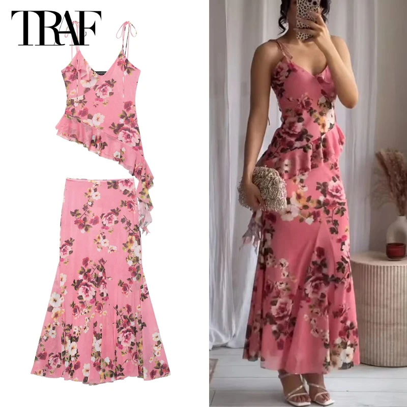

TRAF Print Tulle Maxi Skirt Women High Waist Long Skirts for Woman Fairy Pleated Women's Skirt Set Summer Layered Skirt Women