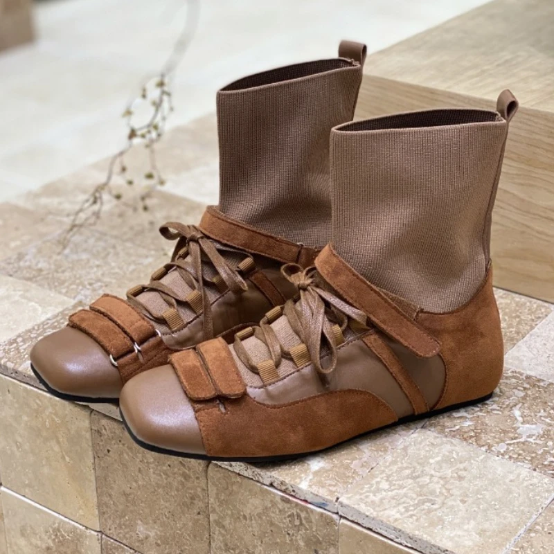 

British Style Square Toe Women's Short Boots Cross Lace Up Design Stretch Sock Boots Ladies Winter Comfort Warm Designer Shoes