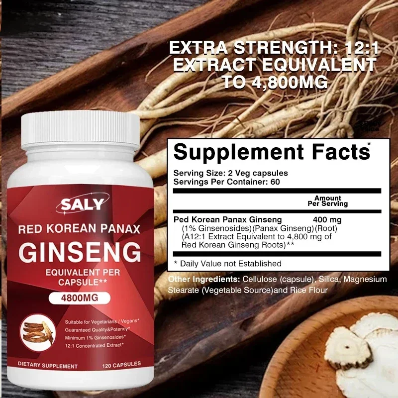 Premium Korean Red Ginseng 4,800 Mg 120 Vegetarian Capsules ( Month Supply) Non-gmo, Extract 12:1, Gluten-free Supplement