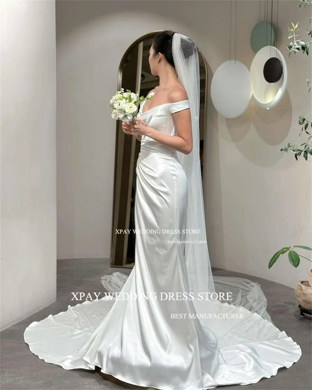 Xpay elegante Satin Meerjungfrau Korea Brautkleider ärmellose rücken freie Brautkleid Fotos schießen offen zurück Korsett Brautkleid