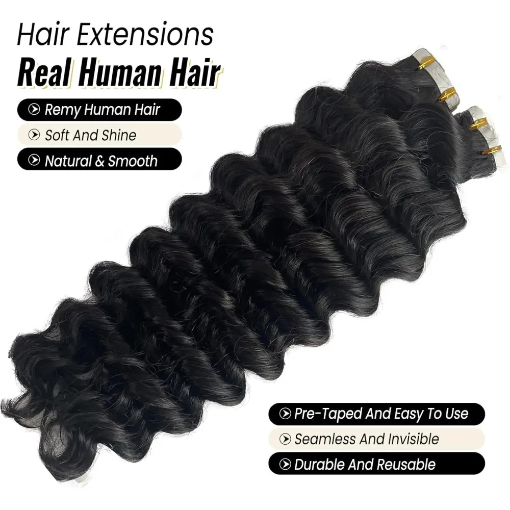 Curly Tape In Extensions Human Hair Brazilian Deep Wave Tape In Hair Extensions Human Hair Natural Black 16-26 Inches For Women