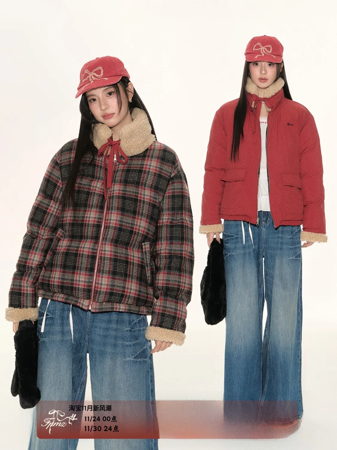 

Double-Sided Wear Red Plaid Fur Collar Cotton Bread Coat Knot Korean Sle Outerwear Top FPMZ Commute Simple Loose Fit