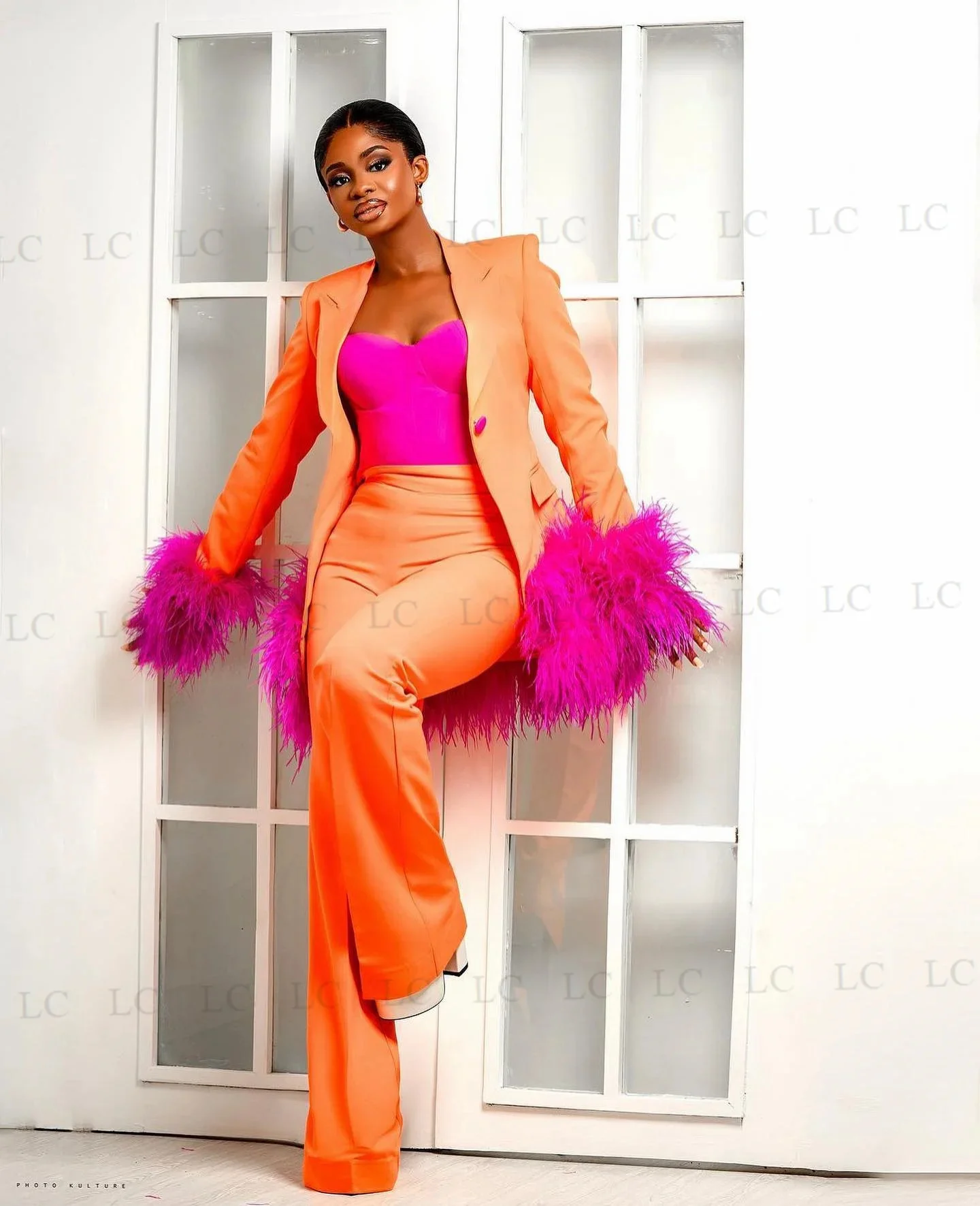 Feather Slim Orange One Button Women Suits 3 Pieces Blazer Pants Peaked Lapel Tuxedo Prom Party Formal Plus Size Costume Homme