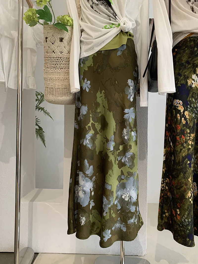 Harajuku Olive Green Floral Print Midi Skirt High Waist Satin Mermaid Skirt With Watercolor Flower Print For Women Vintage Niche