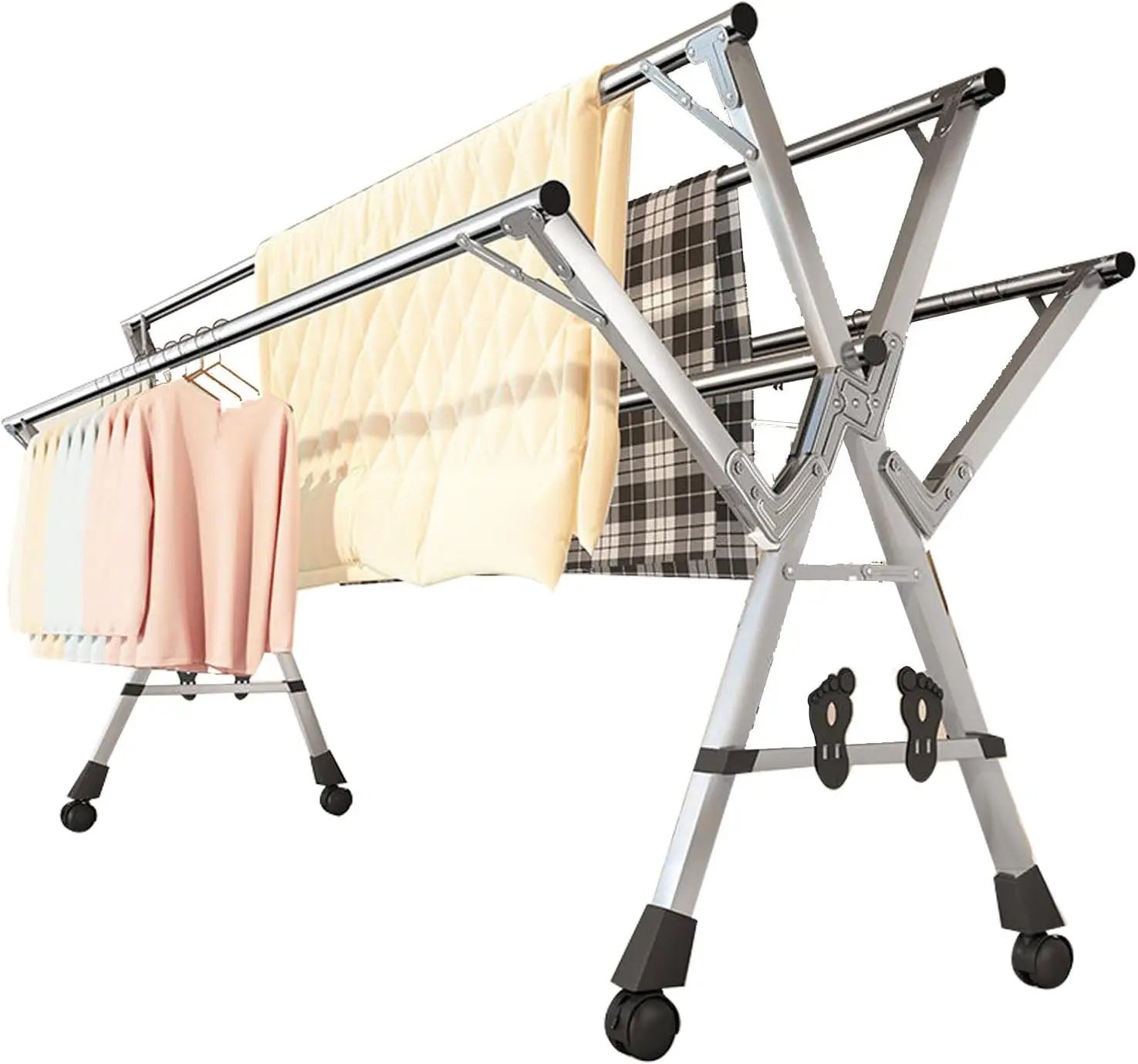 Aço inoxidável Folding Drying Racks para lavanderia, Roupas Dryer Rack on Wheels, Garment Rack on 5 Rod, Outdoor e interior lavanderia