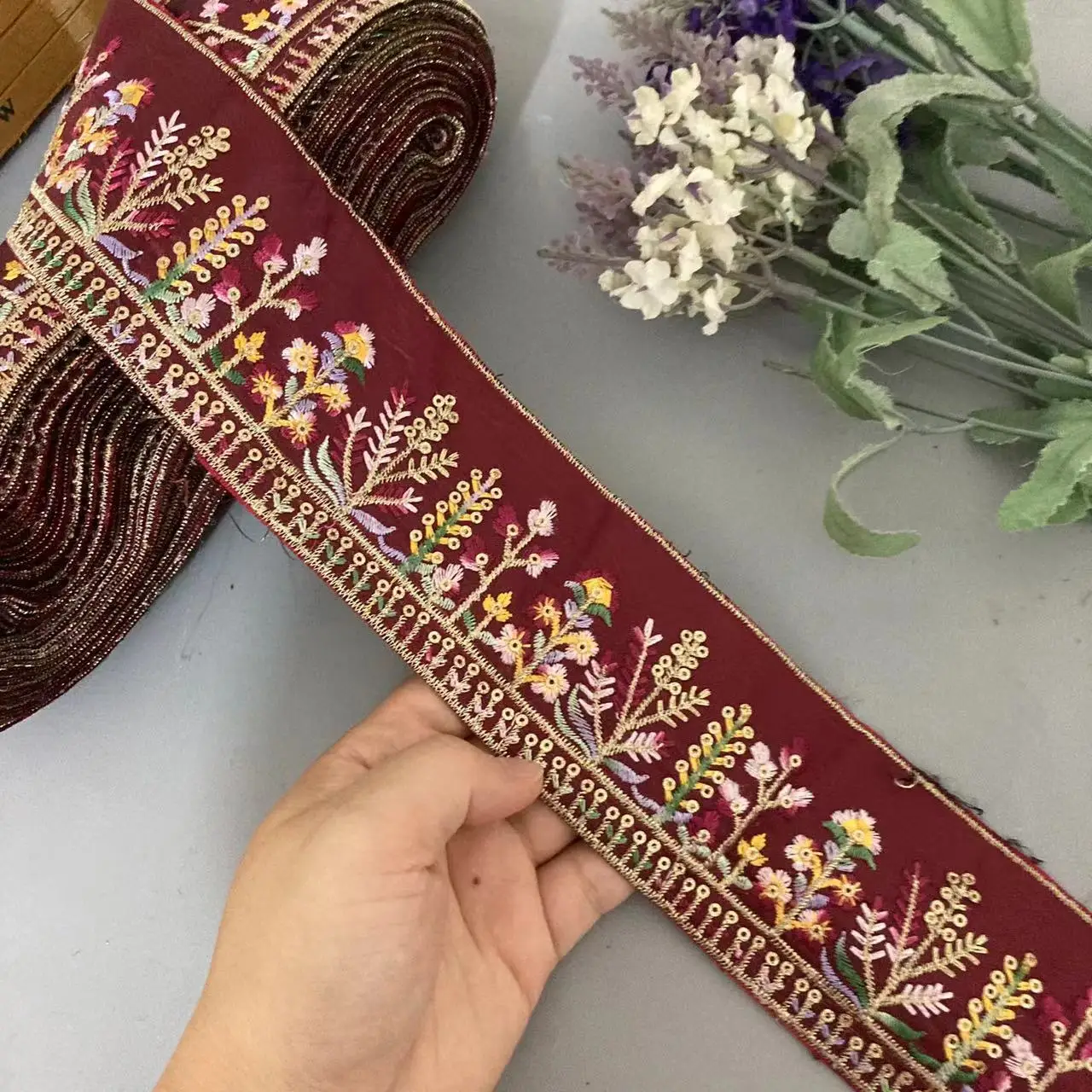 1 Yard Dull Red 6.5cm Embroidery Lace Ribbon Trims Sewing Diy Vintage Ethnic Style Flower Sequin Dress Skirt Accessories Webbing