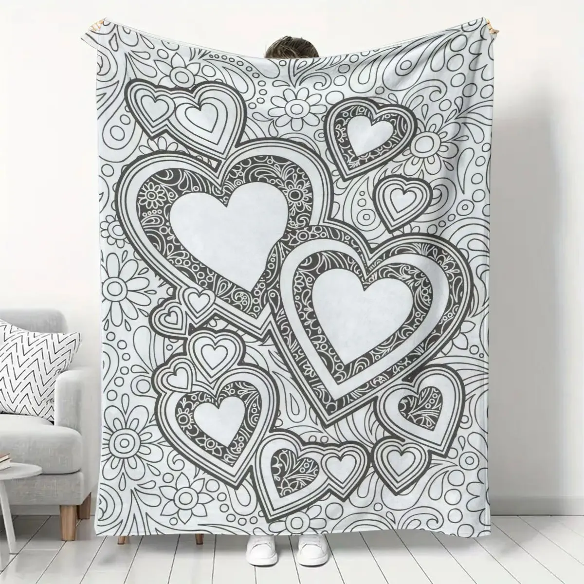 Line Art Ornate Heart Floral Doodle Decor Pattern Throw Blanket Soft Flannel Living Room Couch Bed Warm Home Decor Gift