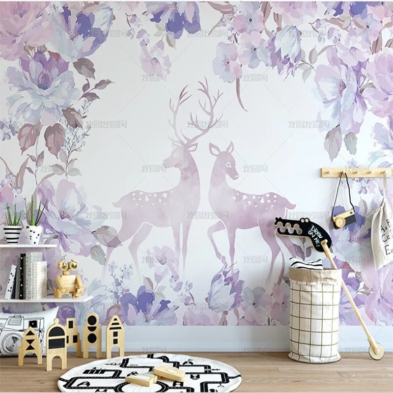 Customized products 3D modern simple purple watercolor flowers elk dream wallpaper living room TV background wall mural bedroom